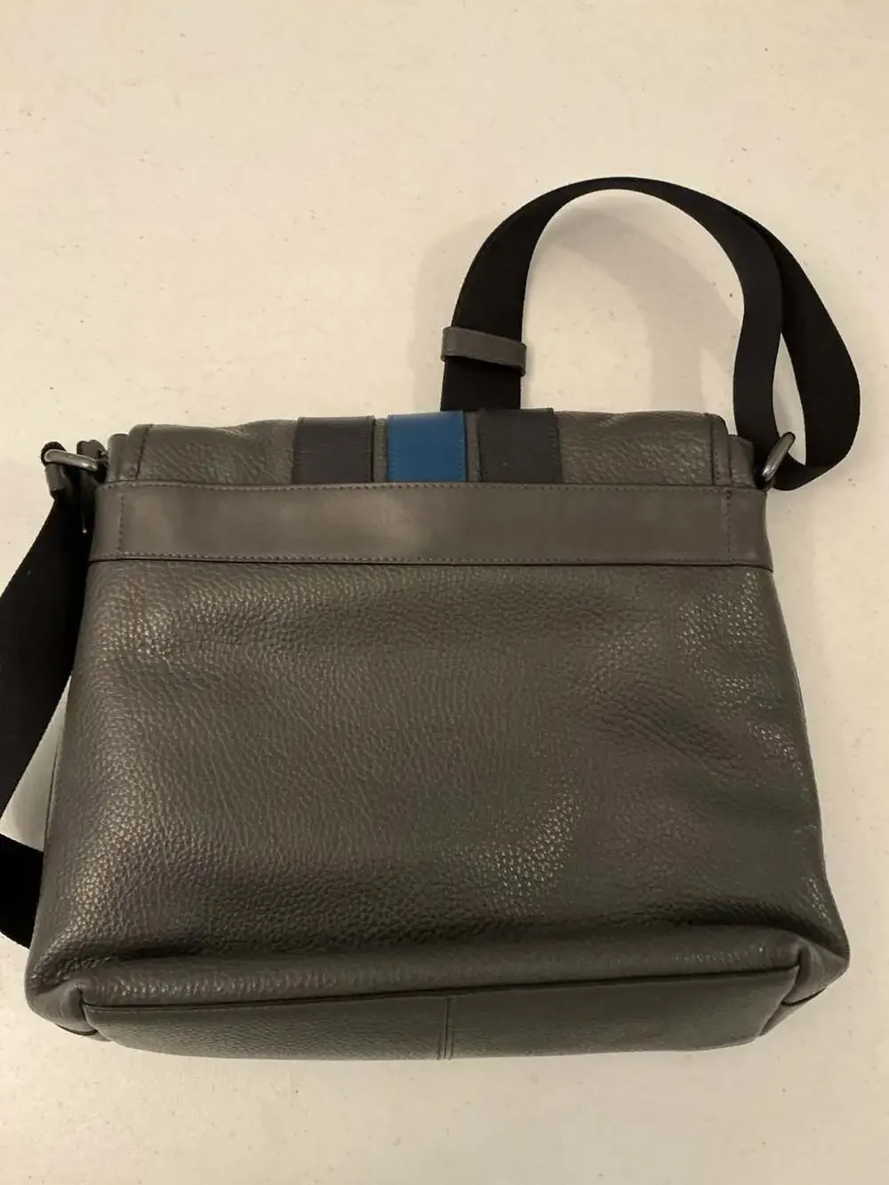 Coach Bond Small Messenger Bag in Pebble Leather with Blue and Black Stripe